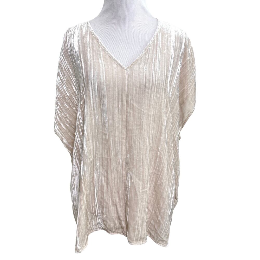 Eileen Fisher Womens Crushed Velvet Top L Cream Silk Blend Boxy Minimalist Basic